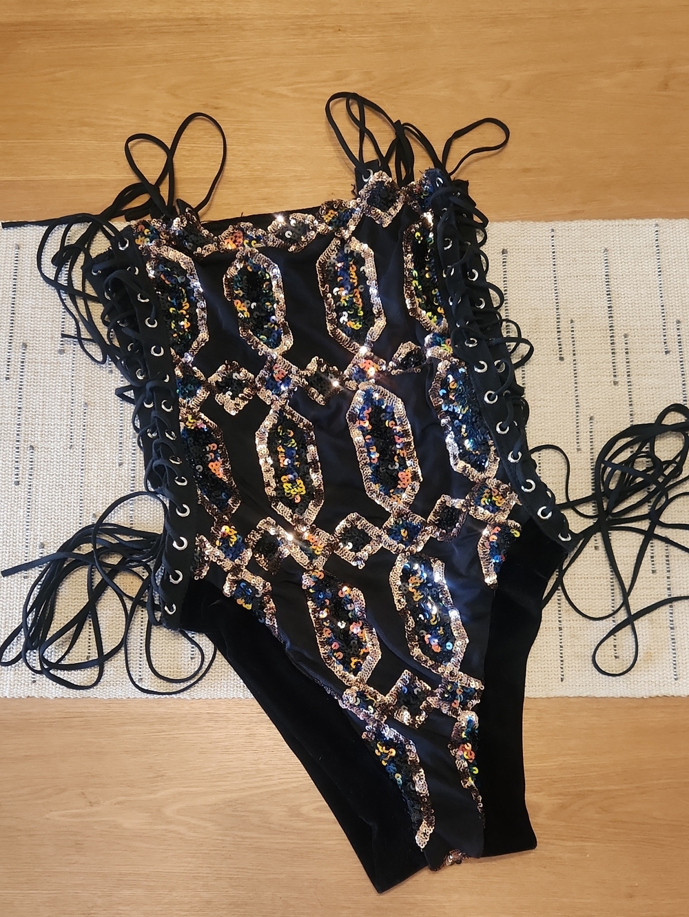 Disco X Lux Obsidian Sequin Lace-Up Kids One-Piece Bodysuit